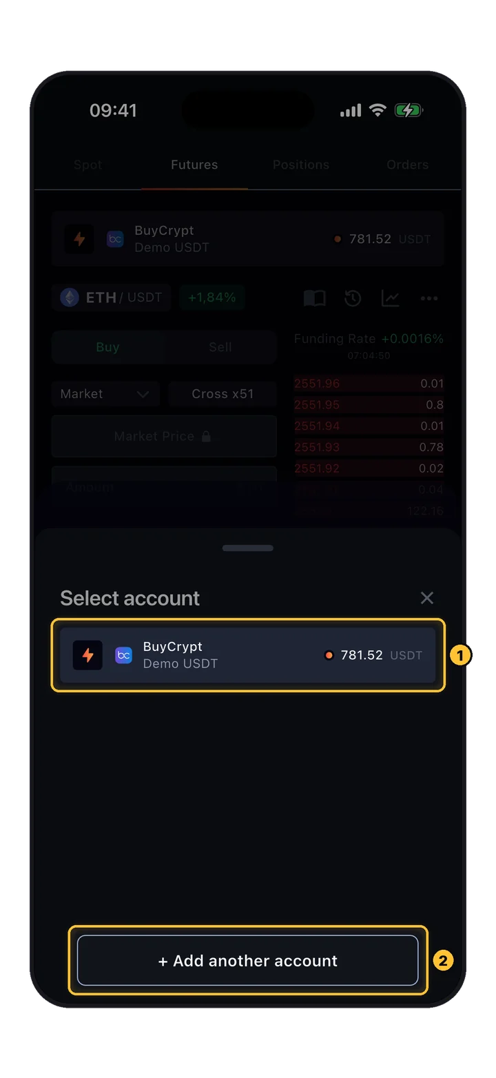 Fenster Select account mit dem Demokonto und dem Button Add another account
