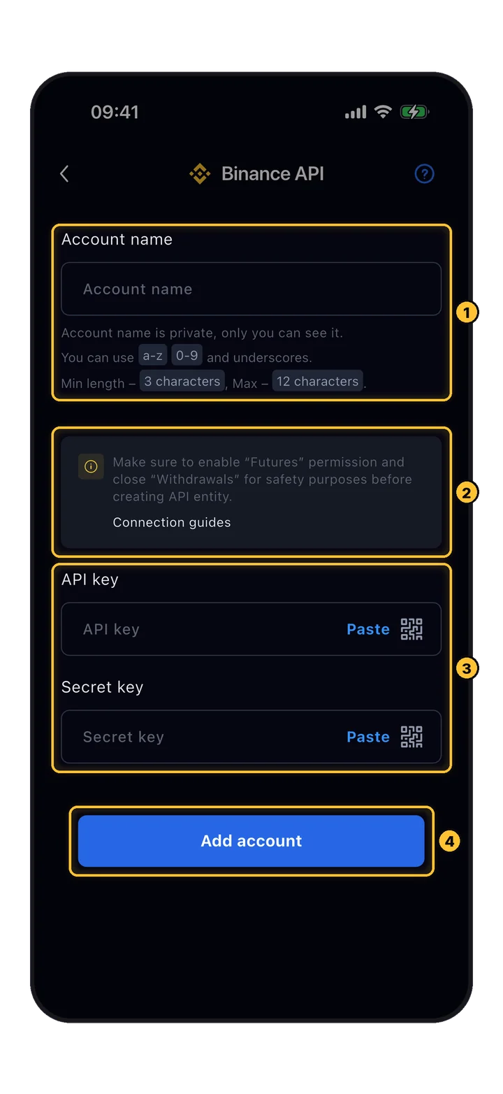 Binance-API-Formular: Kontoname, Sicherheitshinweis, Felder für API Key und Secret Key
