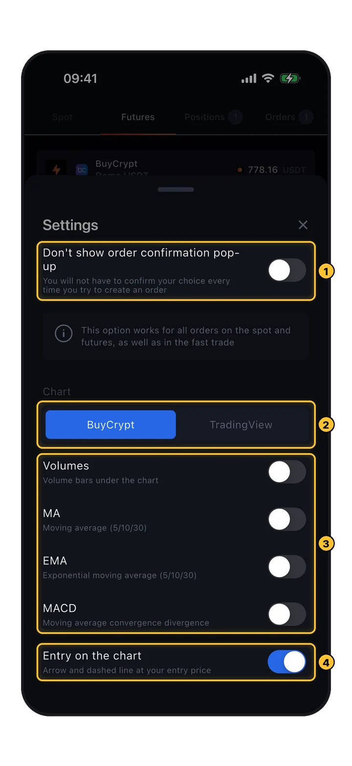 Fenster Trade Settings: Schalter für das Bestätigungs-Pop-up, Chart-Engine, Indikatoren und Entry on the chart