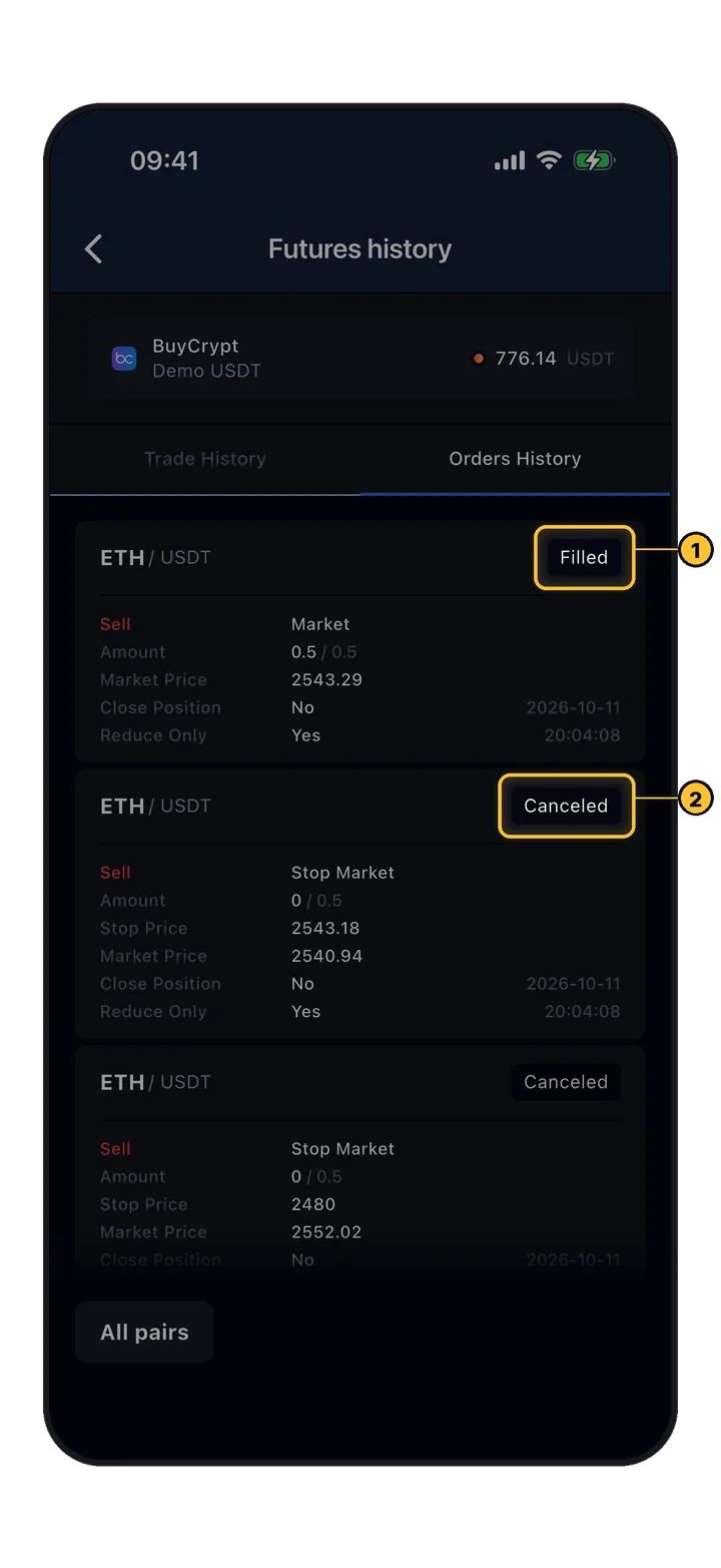 Orders History: eine ausgeführte Market-Order und stornierte Stop-Orders