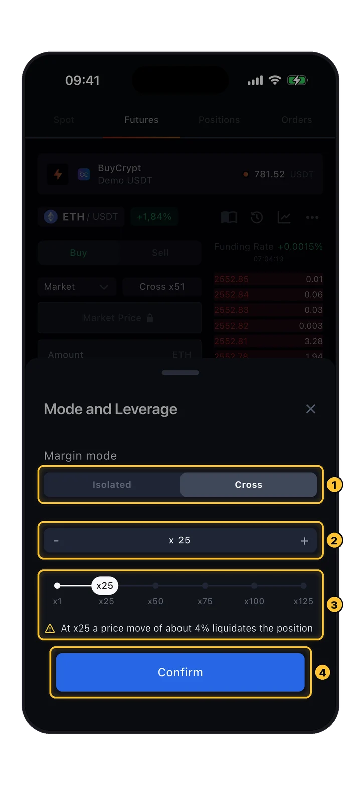 Fenster Mode and Leverage: Margin-Modus, Leverage-Stepper, Regler, Liquidationswarnung und Confirm