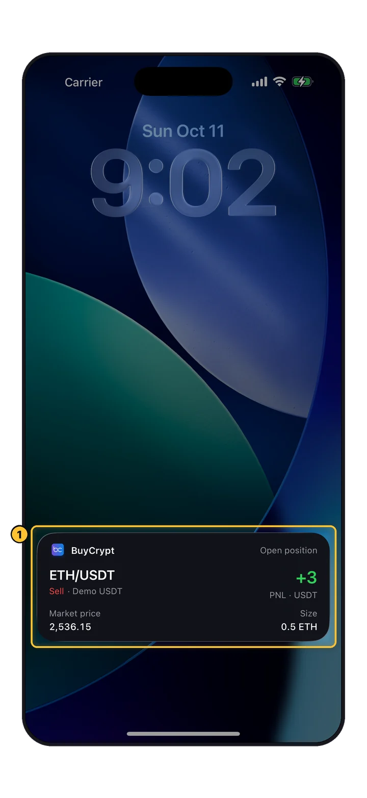 iPhone-Sperrbildschirm mit einer BuyCrypt Live Activity für eine offene ETH/USDT-Position