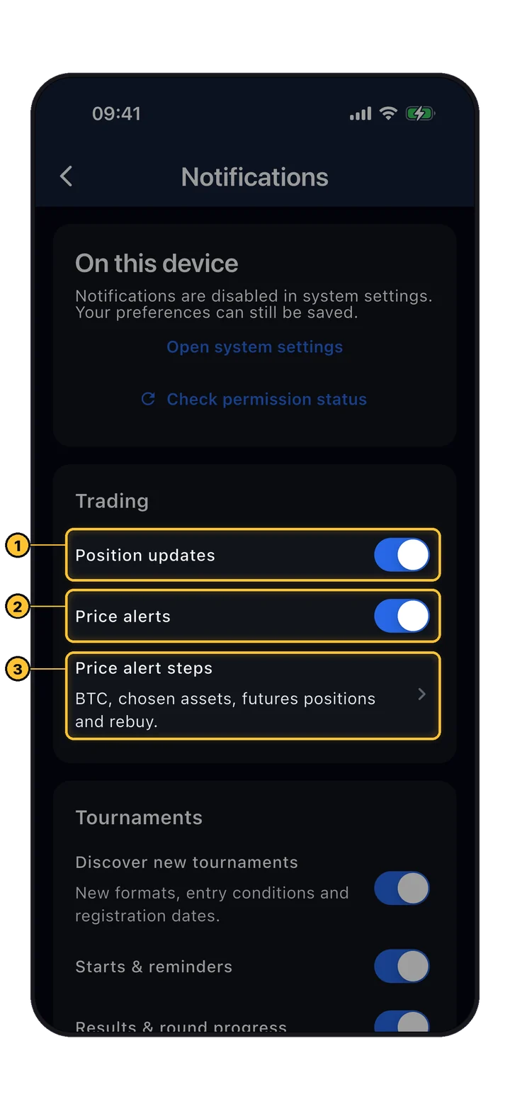 Benachrichtigungseinstellungen: Position updates, Price alerts und Price alert steps