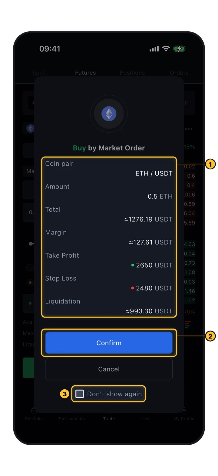 Orderbestätigung: Paar, Menge, Total, Margin, Take Profit, Stop Loss und Liquidation