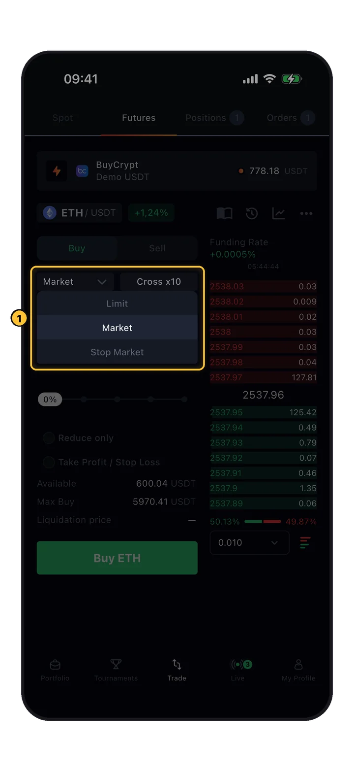 Geöffnetes Ordertyp-Menü: Limit, Market, Stop Market