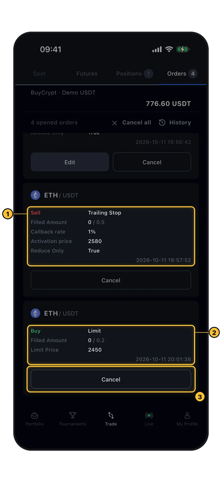 Tab Orders: Trailing Stop mit Callback und Aktivierungspreis sowie eine Limit-Kauforder mit Cancel