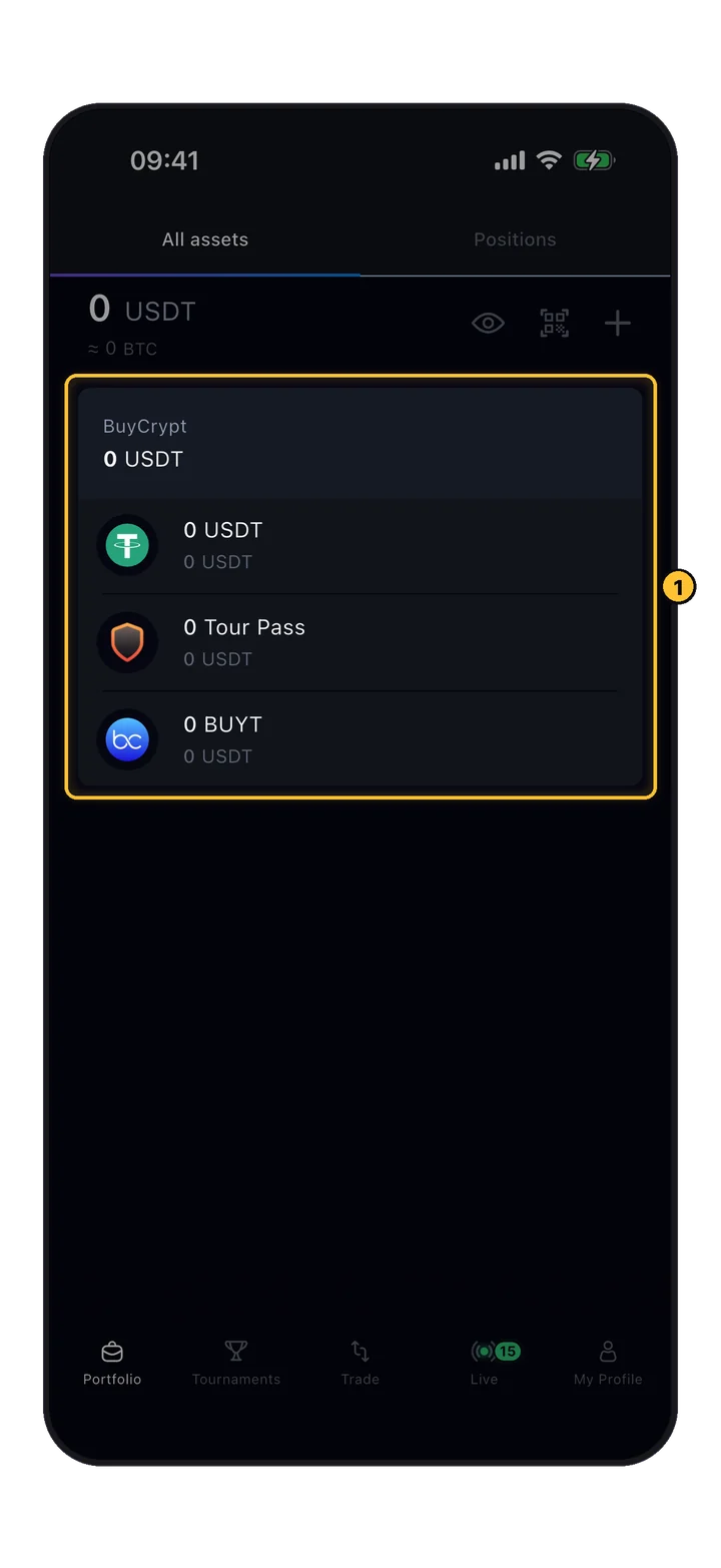 Portfolio, Tab All assets: BuyCrypt-Wallet mit USDT, Tour Pass und BUYT