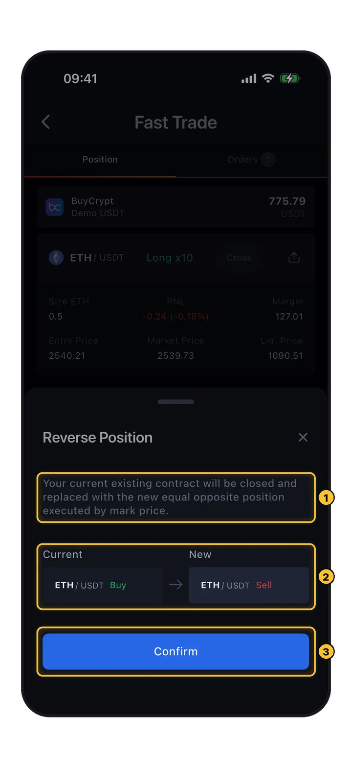 Fenster Reverse Position: der aktuelle ETH/USDT-Kauf wird zu einem neuen Verkauf gleicher Größe