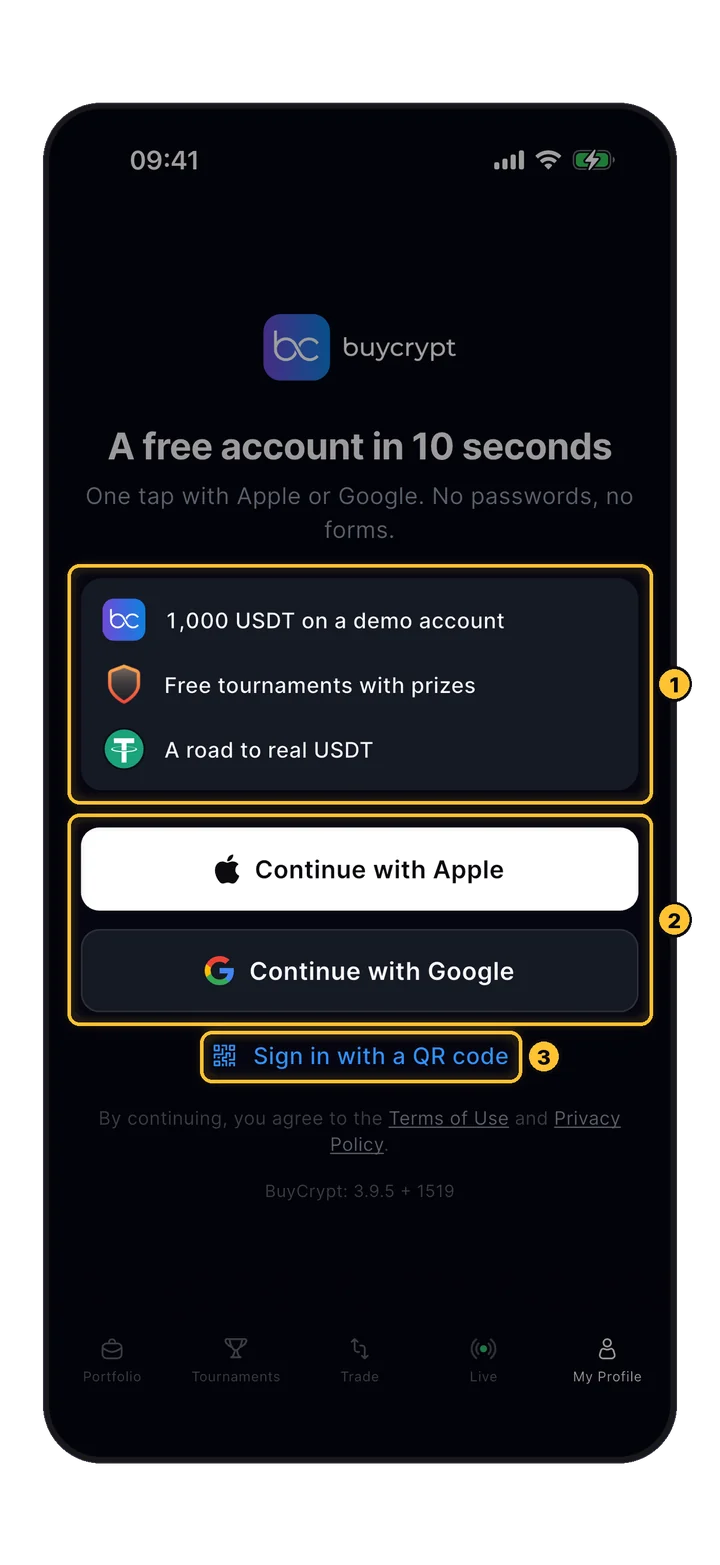BuyCrypt-Anmeldebildschirm mit den Optionen Apple, Google und QR-Code