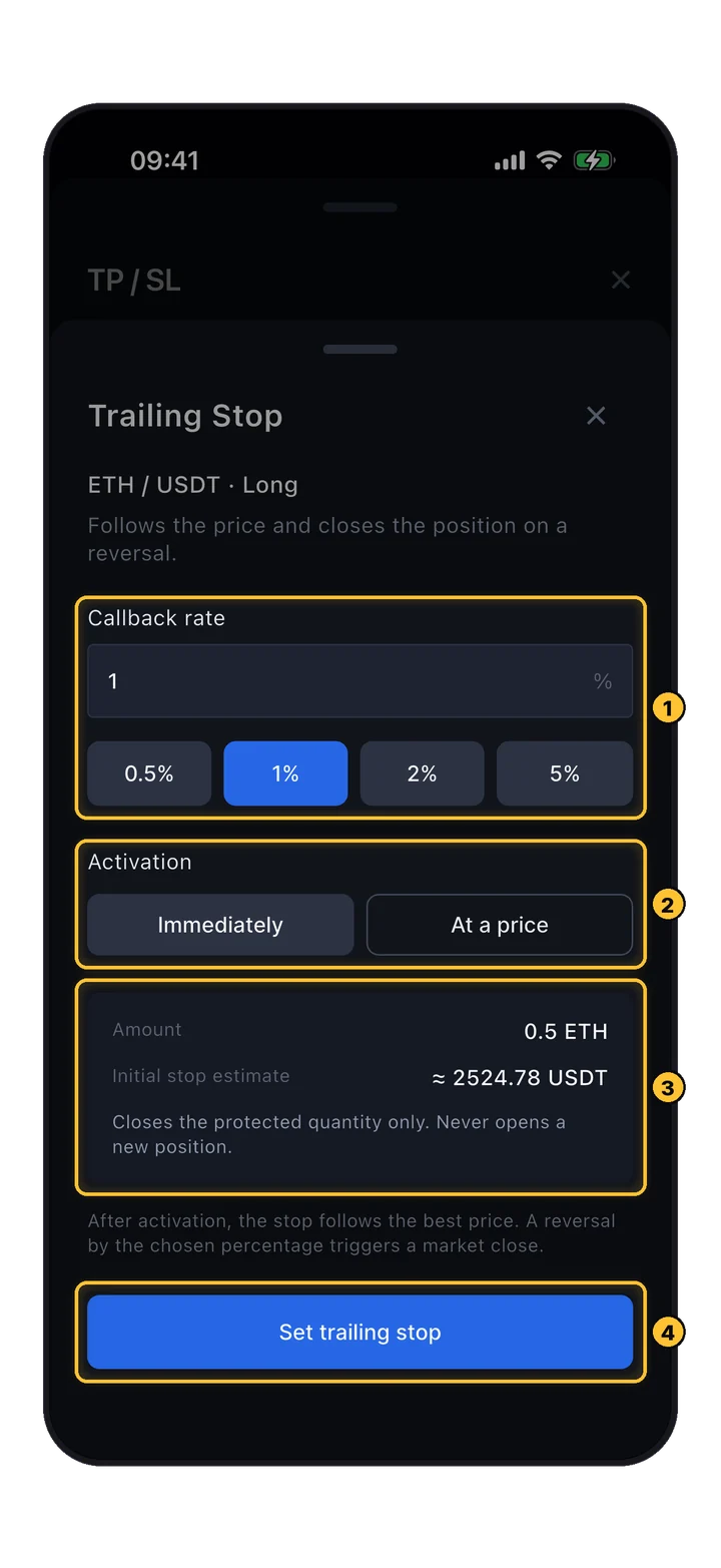 Formular Trailing Stop: Callback Rate mit Voreinstellungen, Aktivierung Immediately oder At a price, Zusammenfassung und Set trailing stop