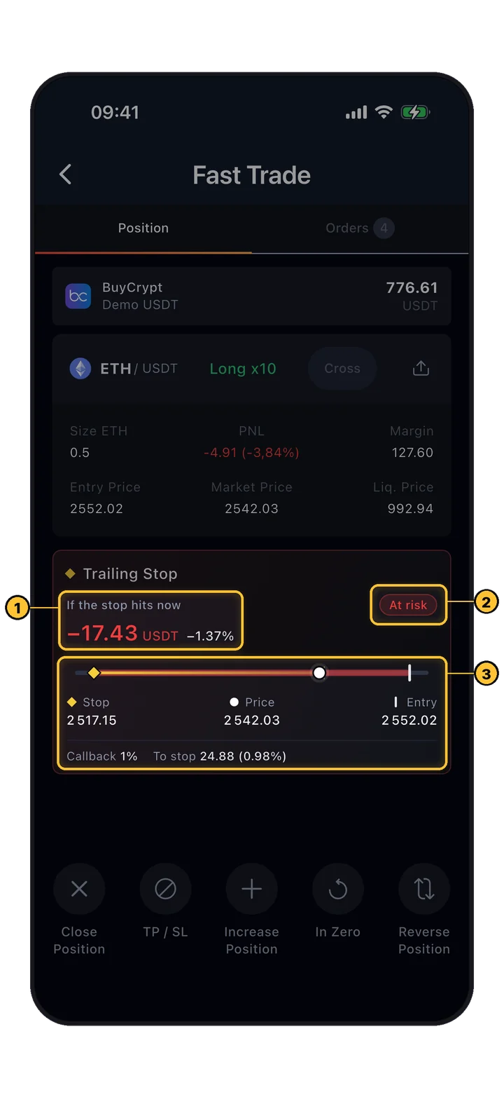Live-Panel des Trailing Stops in Fast Trade: Ergebnis, falls der Stop jetzt auslöst, Status, Stop, Preis und Einstieg, Callback