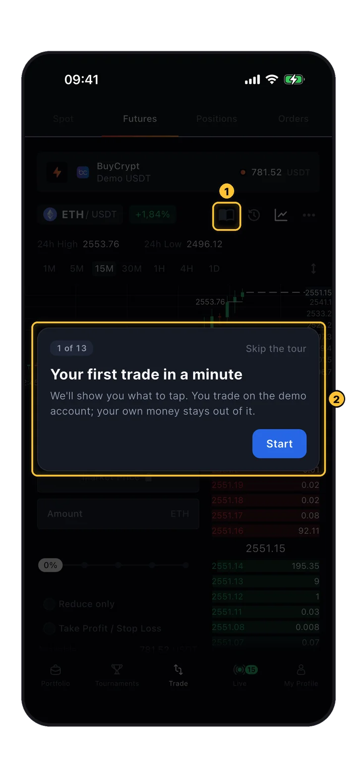 Geführte Tour über dem Trade-Bildschirm: 1 von 13, Your first trade in a minute, Start